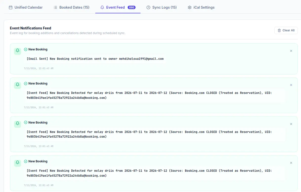 OwnerPing dashboard showing connected iCal feed monitoring for rental agency properties.