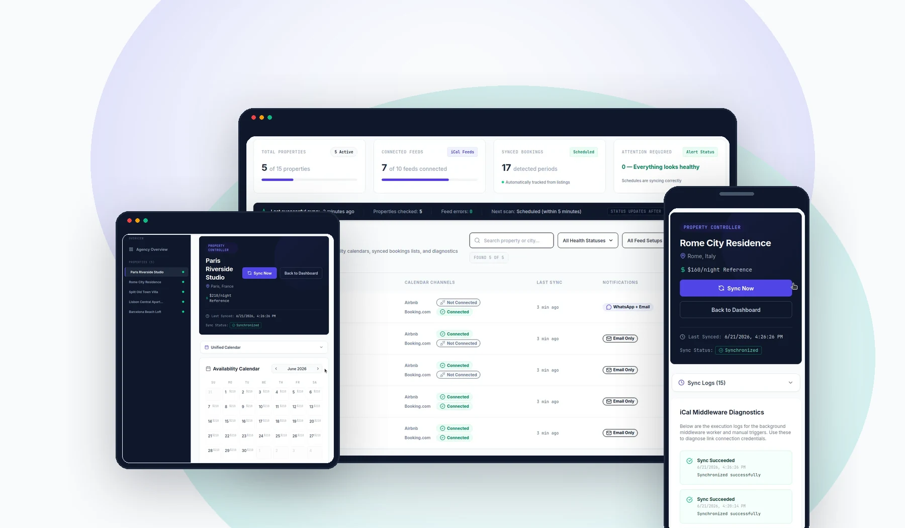 OwnerPing dashboard preview showing iCal feed monitoring and owner notification tools across desktop, tablet, and mobile.